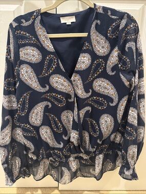 LOFT Navy Paisley Surplice Blouse with Cream & Tan Accents